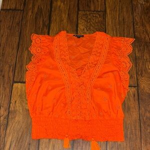 INC Bright Orange Eyelet Flutter Sleeve Women's Top